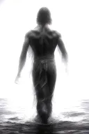 A Silhouette Of muscular Jesus Walking On Water, realistic, veiw from the back, Symbolizing Faith And Strength Tattoo tattoo design idea