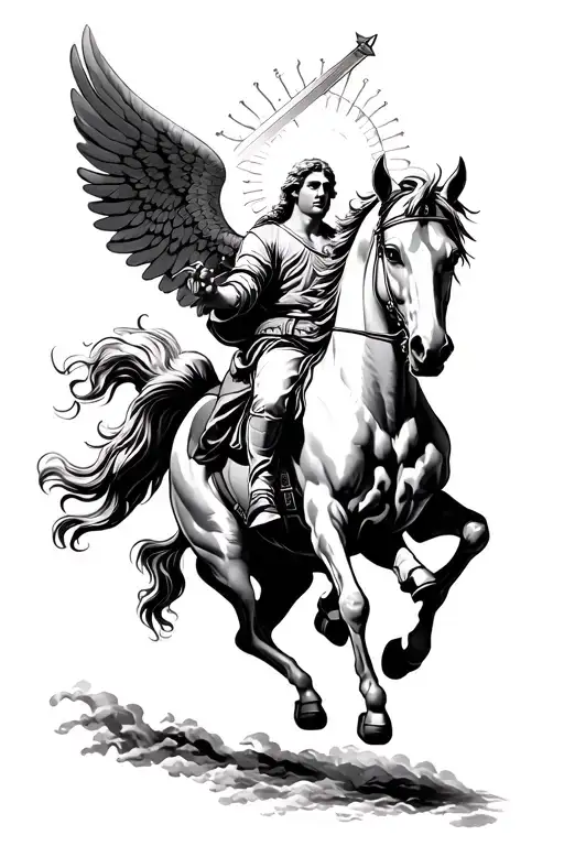 st michael archangel on a horse energetically, with a sword up into the air, halo, perspective from below heroic tattoo design idea