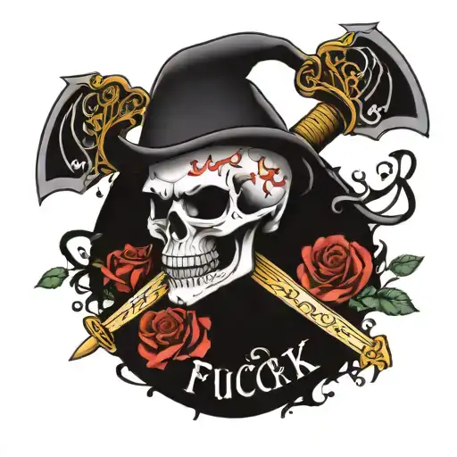 skull with a sword with fuck cancer phrase written tattoo design idea