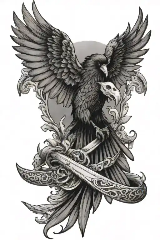 a crow and snake intertwined around a dagger with memento mori along the birds wing  tattoo design idea