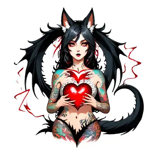 tattooed anime demon fox woman holding a shattered heart with a heart shaped black dragon surround tattoo design idea