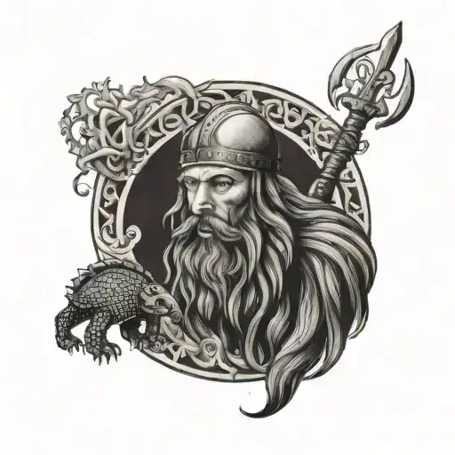 viking with lion and accent of sea turtle with the quote "The woods are lovely, dark and deep, But I have promises to ke tattoo design idea