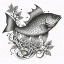A fish on a hook in the middle of the forest tattoo design idea