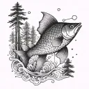 A fish on a hook in the middle of the forest tattoo design idea
