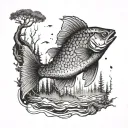 A fish on a hook in the middle of the forest tattoo design idea