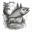 A fish on a hook in the middle of the forest tattoo design idea