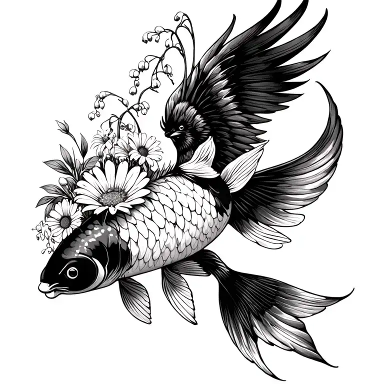 jumping Up out of water black white koi with phoenix wings, bouquet with an aster, a daisy, a lily of the valley tattoo design idea