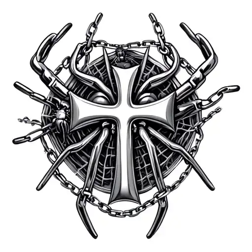 Chrome Hearts cross & chain and a spider and a spider web on the elbow tattoo design idea