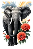 half elephant face half carnations with masculine background of ray of light shining through the clouds tattoo design idea
