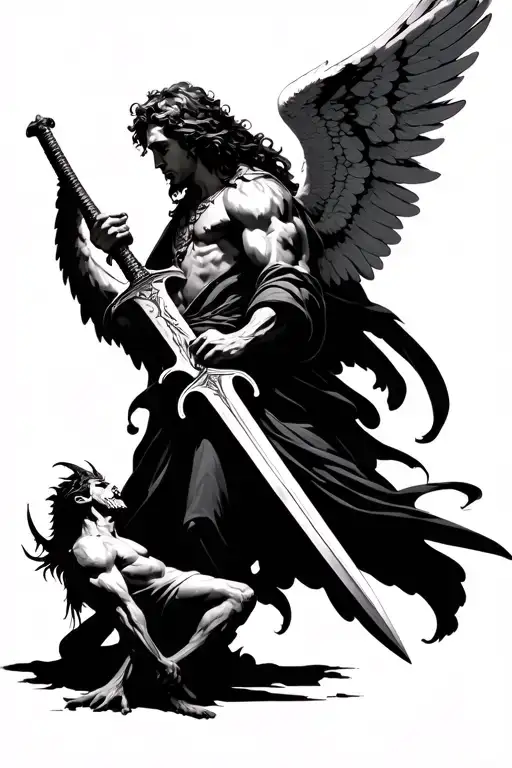 An angel with the wings deployed which holds a long sword down as if he wanted to kill a devil under him tattoo design idea