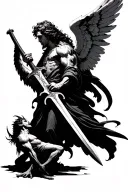 An angel with the wings deployed which holds a long sword down as if he wanted to kill a devil under him tattoo design idea