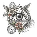 illuminati eye and trinagle symbol and time running out and rose or another symbol with number 777 and 420 ,inner right  tattoo design idea