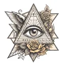 illuminati eye and trinagle symbol and time running out and rose or another symbol with number 777 and 420 ,inner right  tattoo design idea
