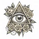 illuminati eye and trinagle symbol and time running out and rose or another symbol with number 777 and 420 ,inner right  tattoo design idea