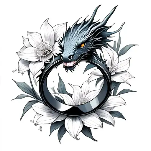 wedding ring, dragon silluette, and daffodil flowers tattoo design idea