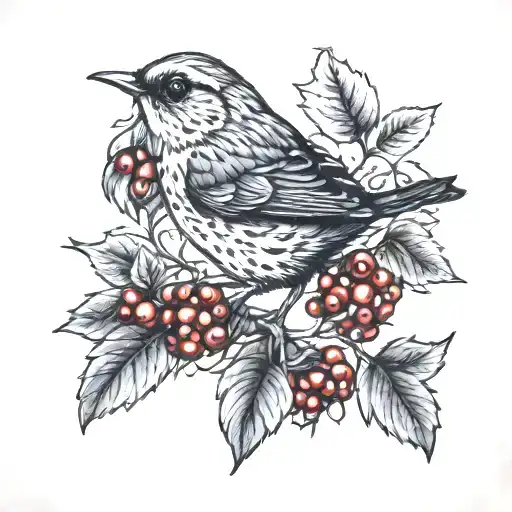 wren and rosehip branch with berries tattoo design idea