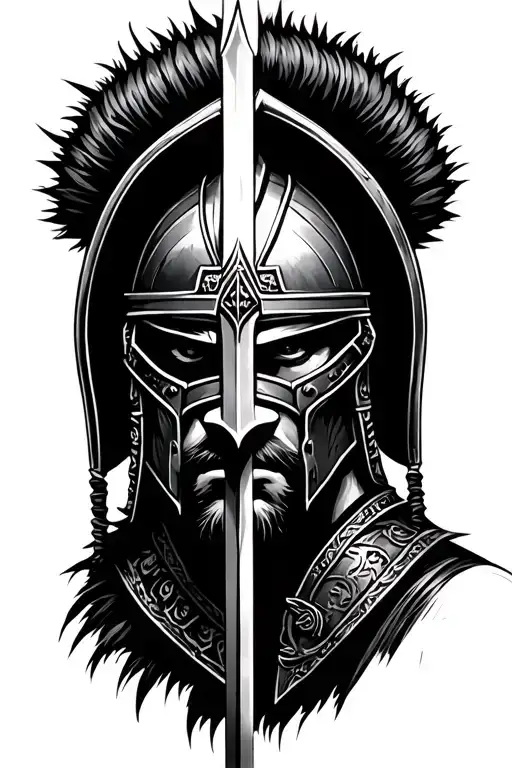 3 warrior styles, each warrior separately Vikings, Spartan, Samurai, no faces, only helmets, add swords or equipment, yo tattoo design idea