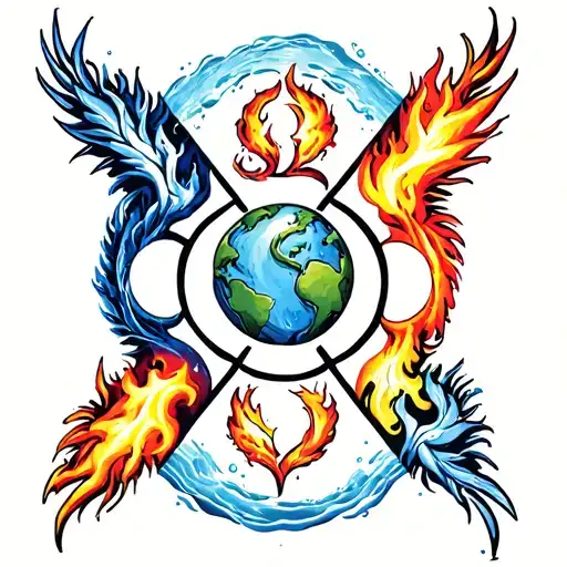 five fold symbol with fire air water and earth tattoo design idea