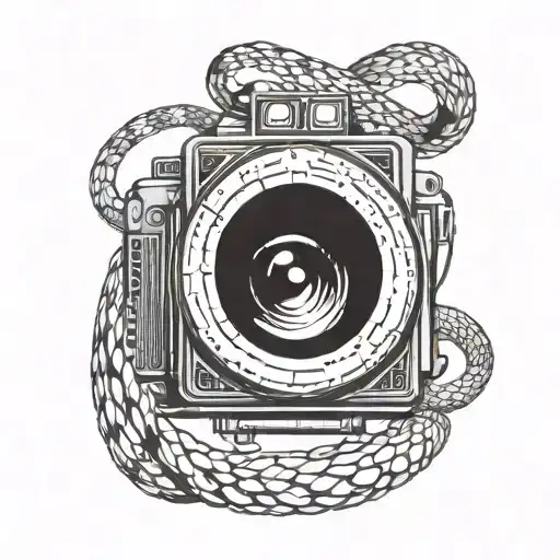 A tattoo of a stylized camera lens with a snake wrapped around it, symbolizing the balance between nature and technology, in a blackwork style tattoo design idea