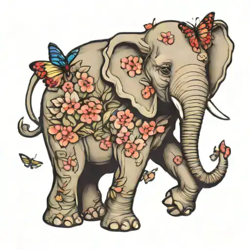 elephant with butterflies and cherry blossoms tattoo design idea