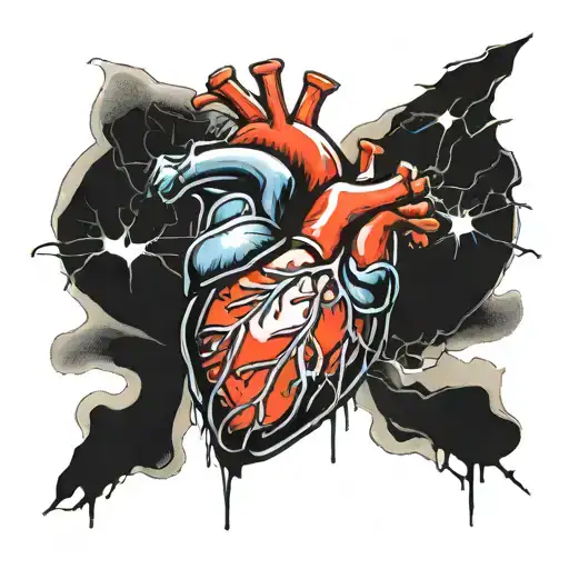 make a anatomical human heart with shaterred glass, as it is breaking from some surface. tattoo design idea