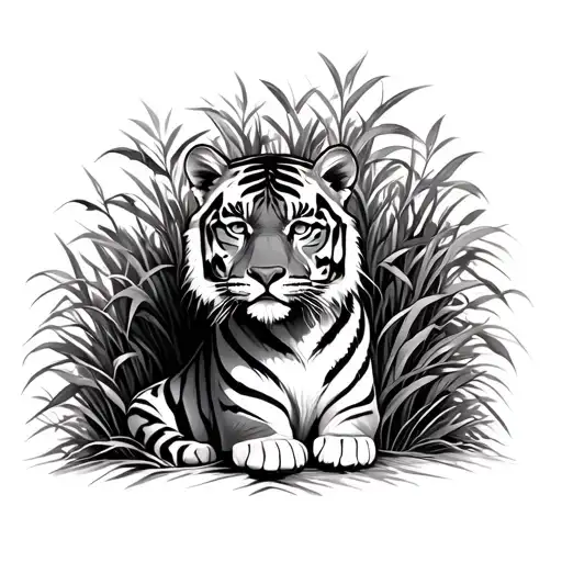 a tigress sitting behind a bush with its head and ahoulders out at a far distance with he body facing straight tattoo design idea