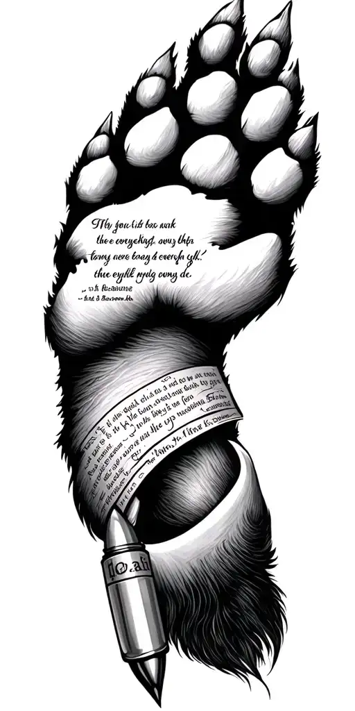 dog paw print with a Bible verse and a space for a quote and a bullet traveling across everything seamlessly incorporate tattoo design idea