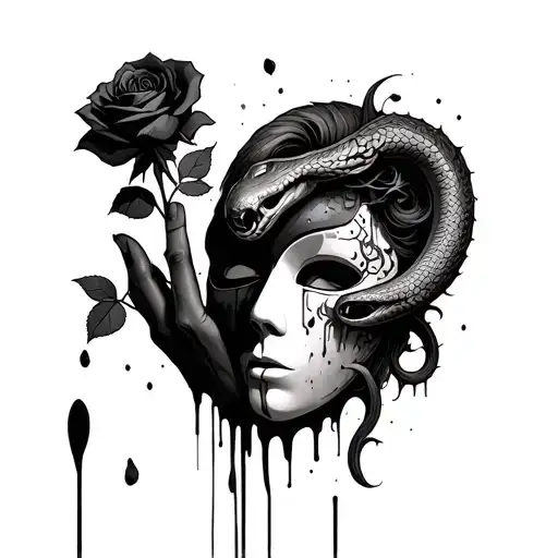 a double faced mask held by a bloody hand, a black wilted rose coming out of one eye and a serpent from another. tattoo design idea