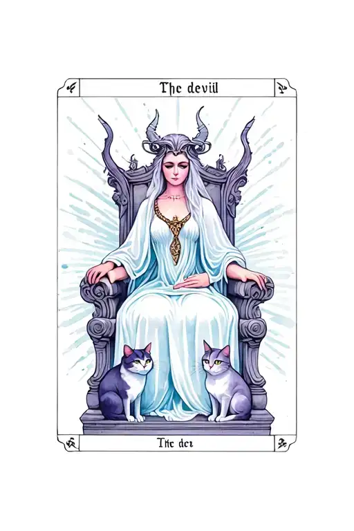 Create a Tarot Card for The devil Tarot card. Elegant and ethereal goddess on a throne with two cats at the bottom.  tattoo design idea
