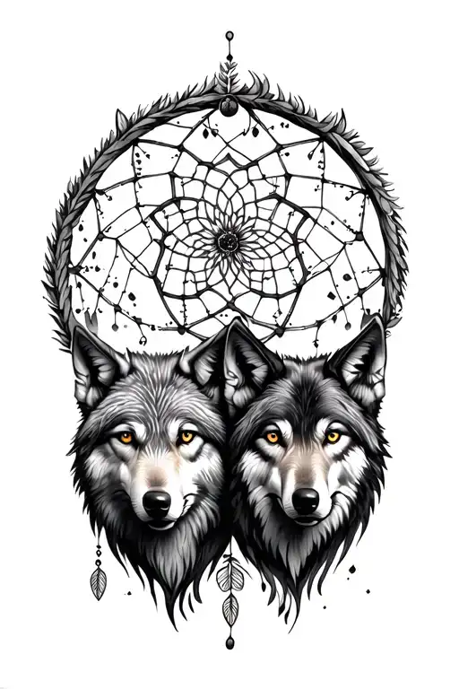 Two wolfs face with dreamcatcher behind tattoo design idea