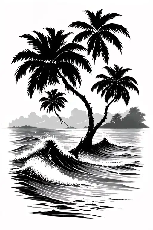 mangrove tree and palm tree with waves tattoo design idea