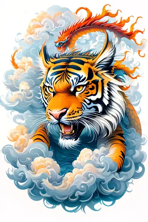 dragon and Tiger in a clouds surrounding tattoo design idea