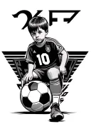 number 26 in roman numeral going vertically down, beside it is a kid sitting on a soccer ball with a #10 jersey, sleeve tattoo design idea