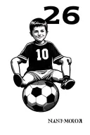 number 26 in roman numeral going vertically down, beside it is a kid sitting on a soccer ball with a #10 jersey, sleeve tattoo design idea