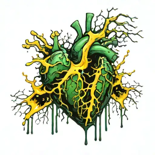 Realistic heart bleeding, black, Dark Green, dark green-Yellow, grey, Veiny Vessels decaying rotting dying moldy Melting tattoo design idea
