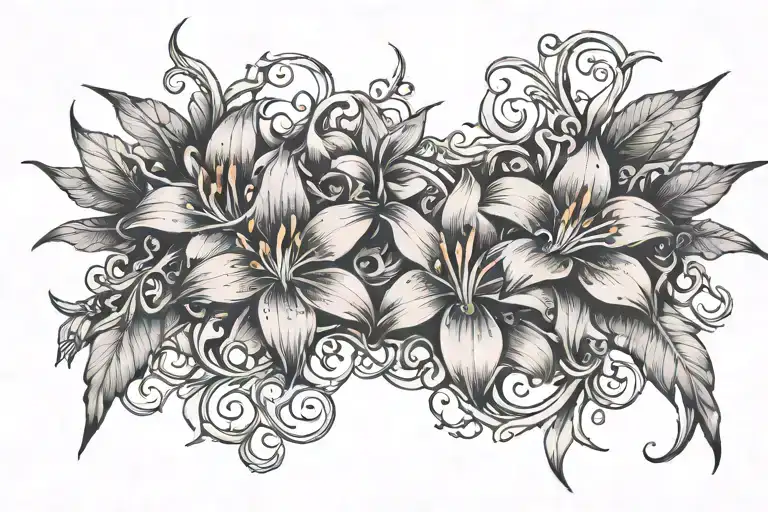 sternum tattoo going across each side, baroque gothic foral. jewelry hanging down from the thorns. pink pastel lilys tattoo design idea