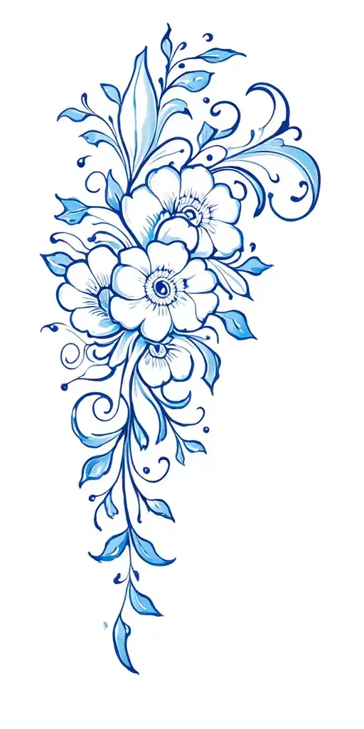 Gzhel tattoo design, blue and white Russian ceramic floral patterns, intricate and elegant, for arm tattoo design idea