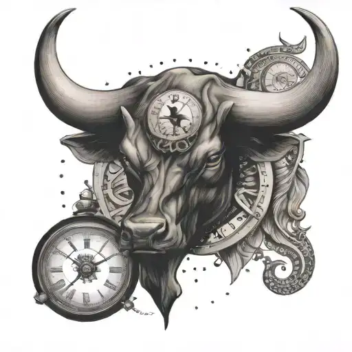 a bull head with a globe and clock tattoo design idea