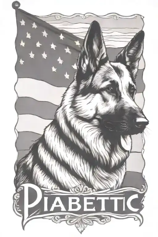 portrait of German shepherd saying "diabetic" mountain scene American flag tattoo design idea