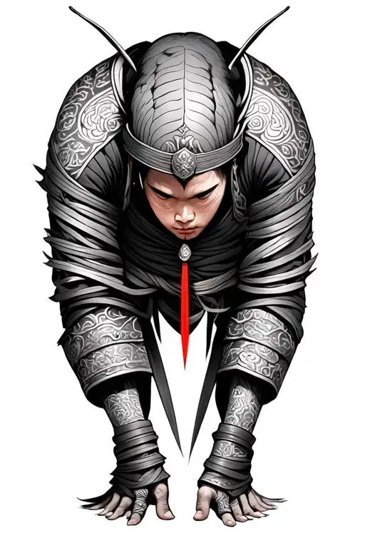 minimalist chinese warrior bowing their heads wrapped fine line tattoo design idea