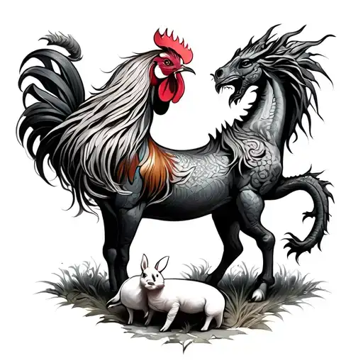 horse’s hooves holding dragons shoulder and mane draped across the dragons back. rooster, pig and rabbit below. tribal  tattoo design idea