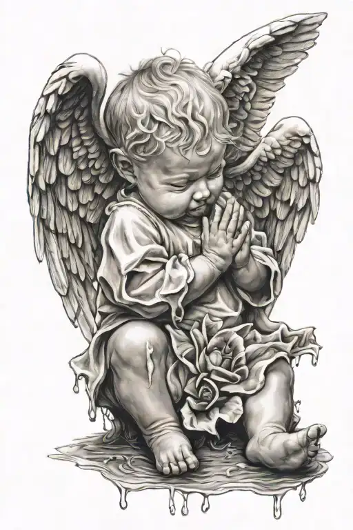 baby angel praying with tears dripping tattoo design idea