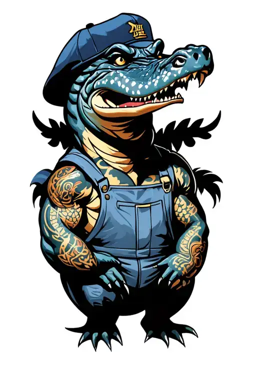 Muscular alligator wearing Navy ball cap and coveralls. Alligator has shellback and golden dragon tattoos on his arms. tattoo design idea