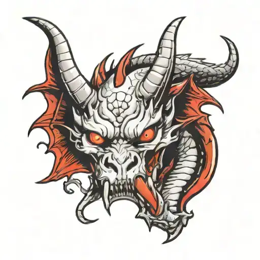 devil horror face and red eyes white dragon tattoo design idea