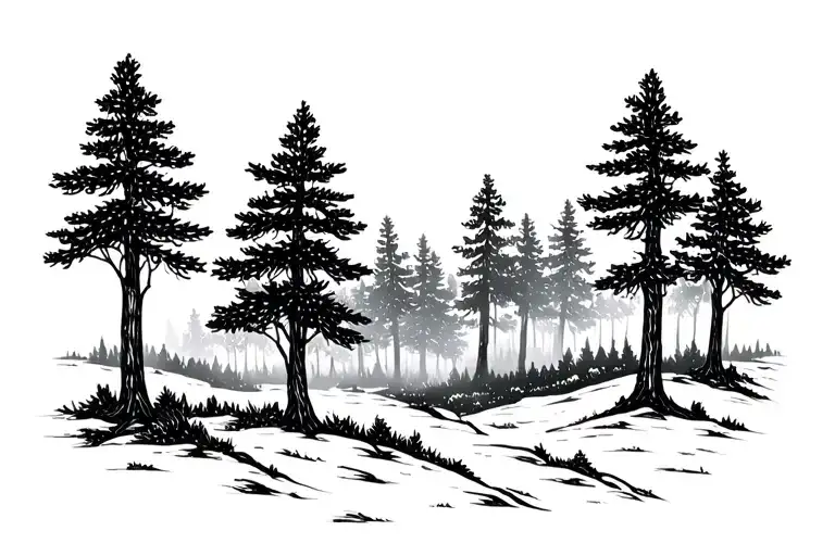 Black and white linework + dotwork tattoo design of a dense pine forest in Masal, northern Iran.Tall, straight pine tre tattoo design idea
