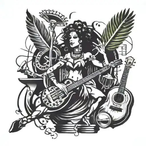 A vibrant and intricate tattoo design featuring a traditional Brazilian samba dancer surrounded by musical notes and instruments, paying homage to your passion for música and your occupation as a percussion musician. tattoo design idea