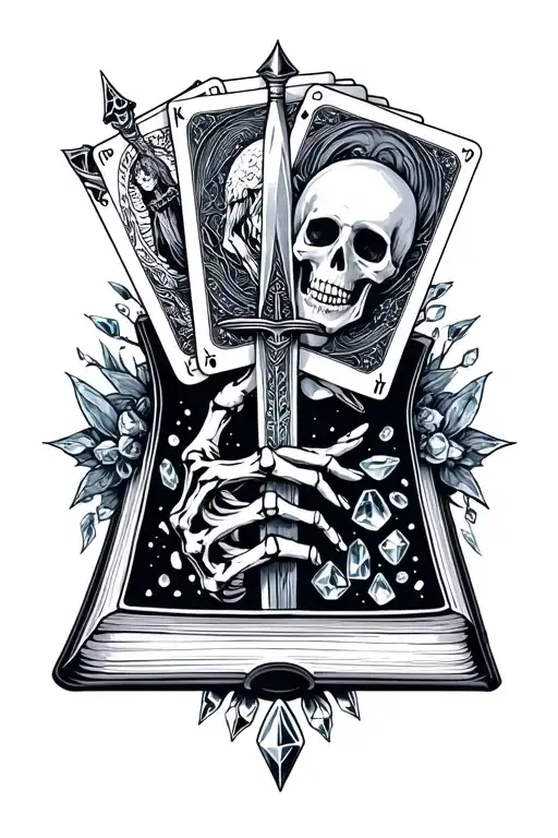 fantasy books with dagger through it, skeleton hand holding tarot cards. crystals and witchy vibes tattoo design idea