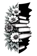 stack of books behind a half sleeve of flowers tattoo design idea