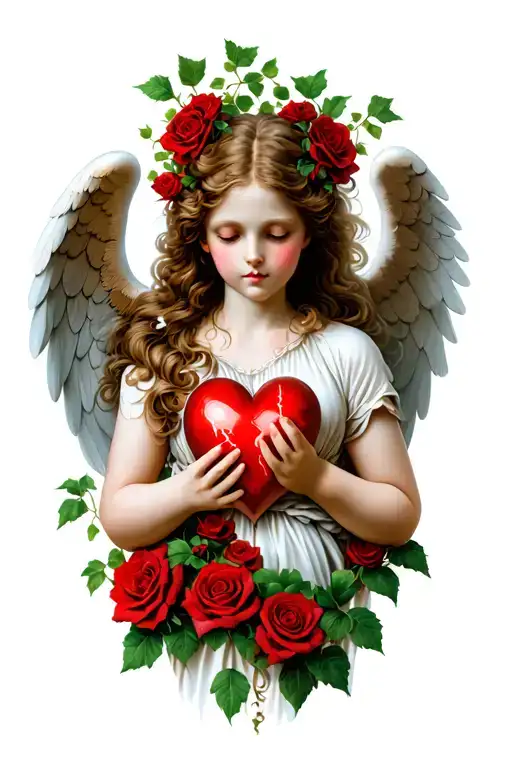 A beautiful angel with a real face that around her ivy and red roses and in her hands a broken heart for the forearm. tattoo design idea