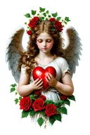 A beautiful angel with a real face that around her ivy and red roses and in her hands a broken heart for the forearm. tattoo design idea